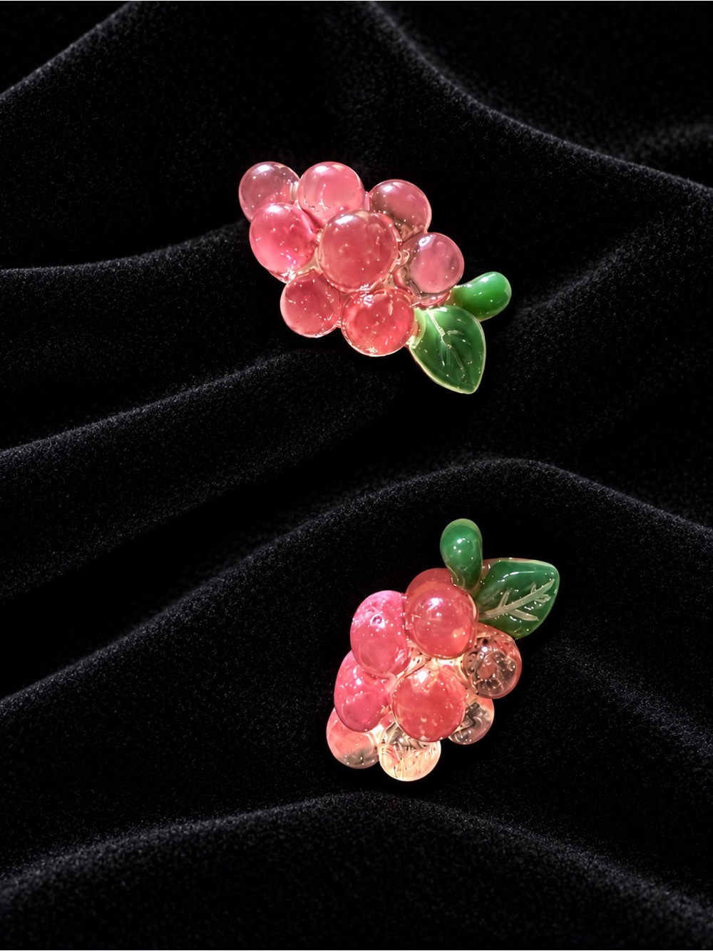 Pink Acrylic Grape Cluster Earrings with Green Leaf Accent